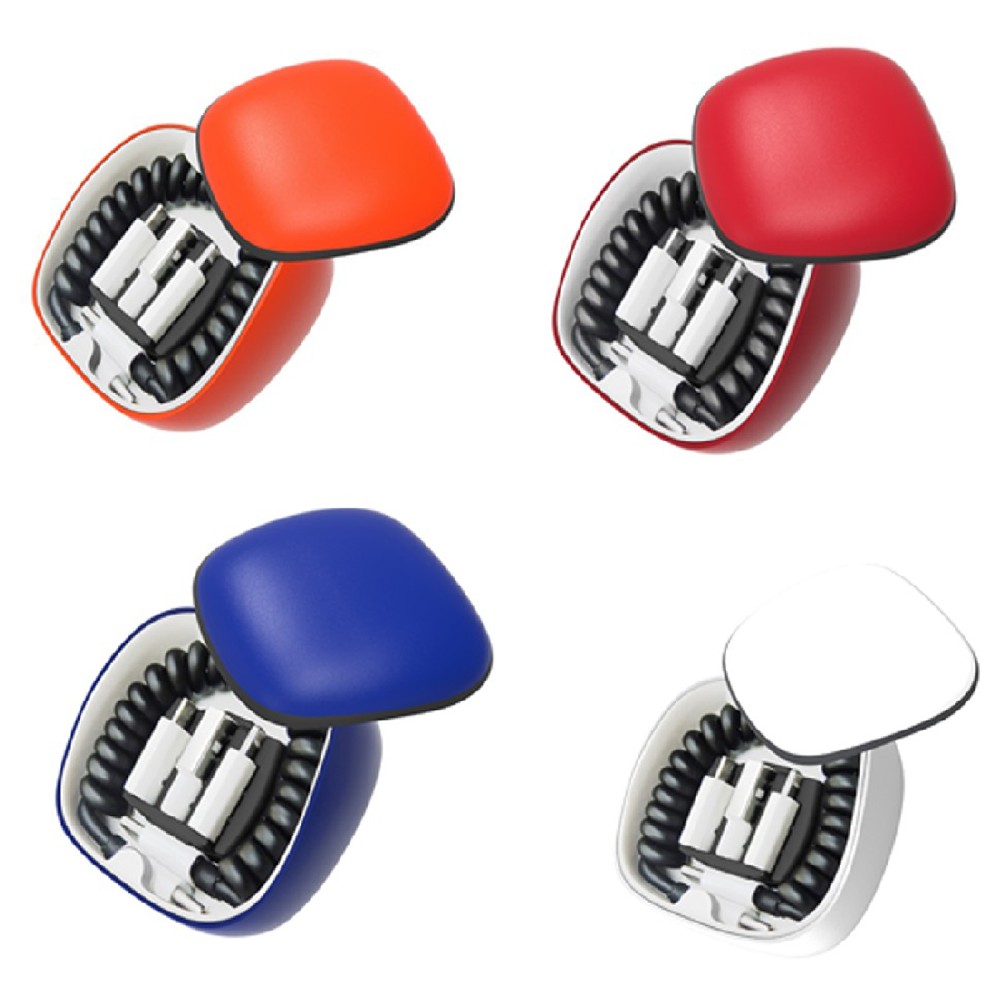 USB-C power bank box with retractable cable and 3 adapters